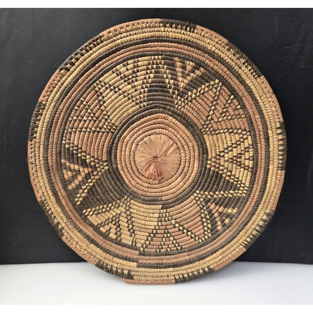 African Hand Woven Coiled Flat Basket Tray Geometric Vintage 12.5